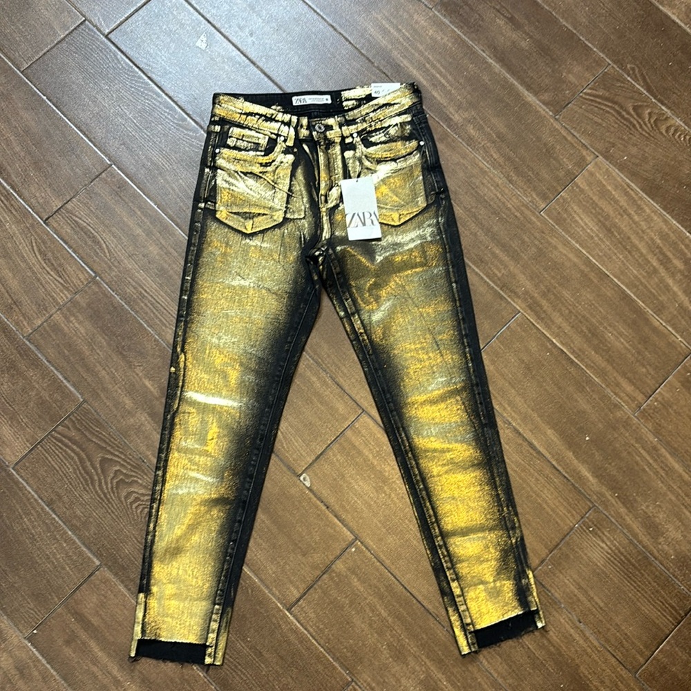 NWT Zara Metallic Stretchy Jeans Black & Gold Size 8